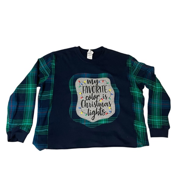 Unique Remade Flannel Sleeve Holiday Christmas Lights Navy Sweatshirt Size M L - Picture 1 of 5